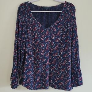 Lucky Brand Boho Ditsy Floral Print V Neck Bell Sleeve Navy Blouse Top 2X